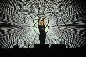 Cirque Bijou show - hula hoop artist interacts with video graphics