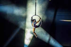 Cirque Bijou - A female aerialist wearing a silver sparkling leotard performs on an aerial hoop