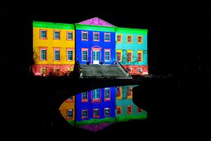 Multicolours projected on to front of the Dumfries House whilst testing out the projectors. 