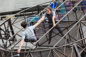 Extraordinary Bodies performers Aislinn Mulligan and Jonny Leitch, What Am I Worth? National Theatre River Stage. Image Rob Harris.