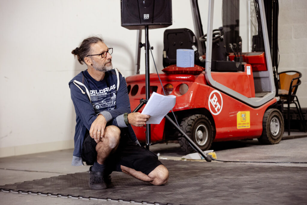 Rehearsals for Princess and the Chickpea at 101 Outdoor Arts.  Stage Manager Skippy takes notes of the show