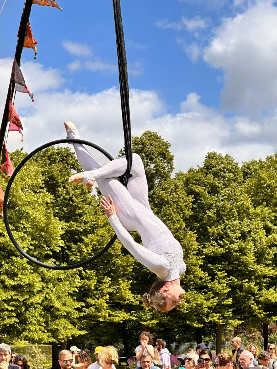 Image of acrobat upside down on a hanging hoop
