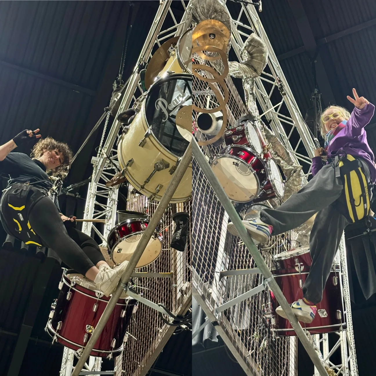 split screen image of Rhian and Vicky in their aerial rig