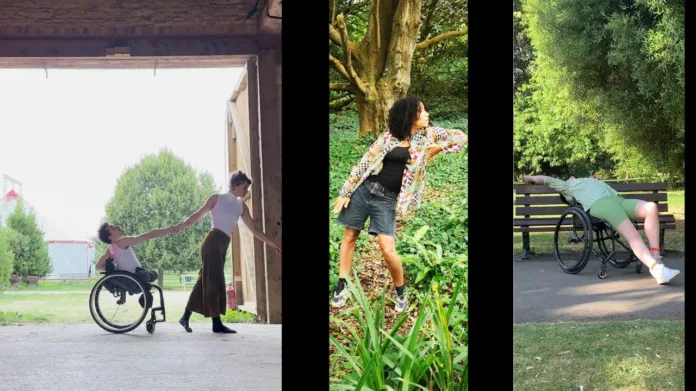 three slides of disabled performers pushing the black border of the image