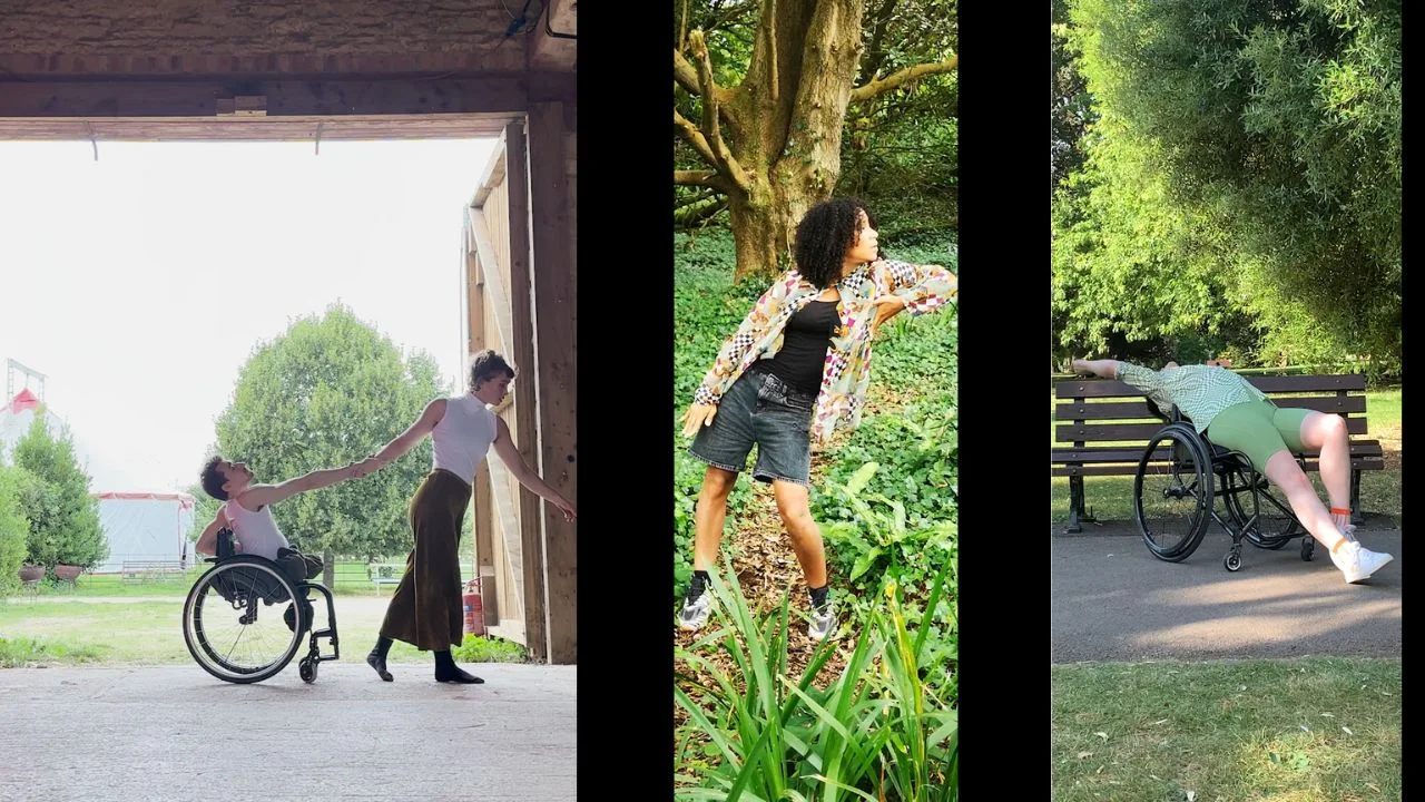 three slides of disabled performers pushing the black border of the image