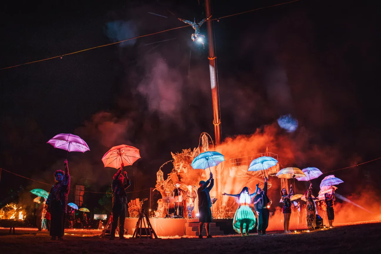Wide photo of several performing holding our light up LED Umbrellas at night